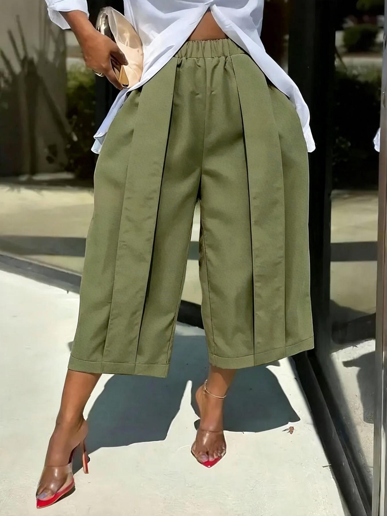 Women's Wide Leg Seven-Quarter Pants Bottom, Summer New Arrival, Elastic Waist, Pleated Slim Fit, Casual Camouflage Workwear