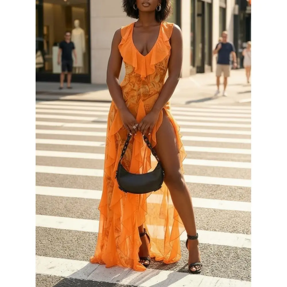 Vibrant Orange Sleeveless Ruffle Trim High Split Flowy Maxi Dress