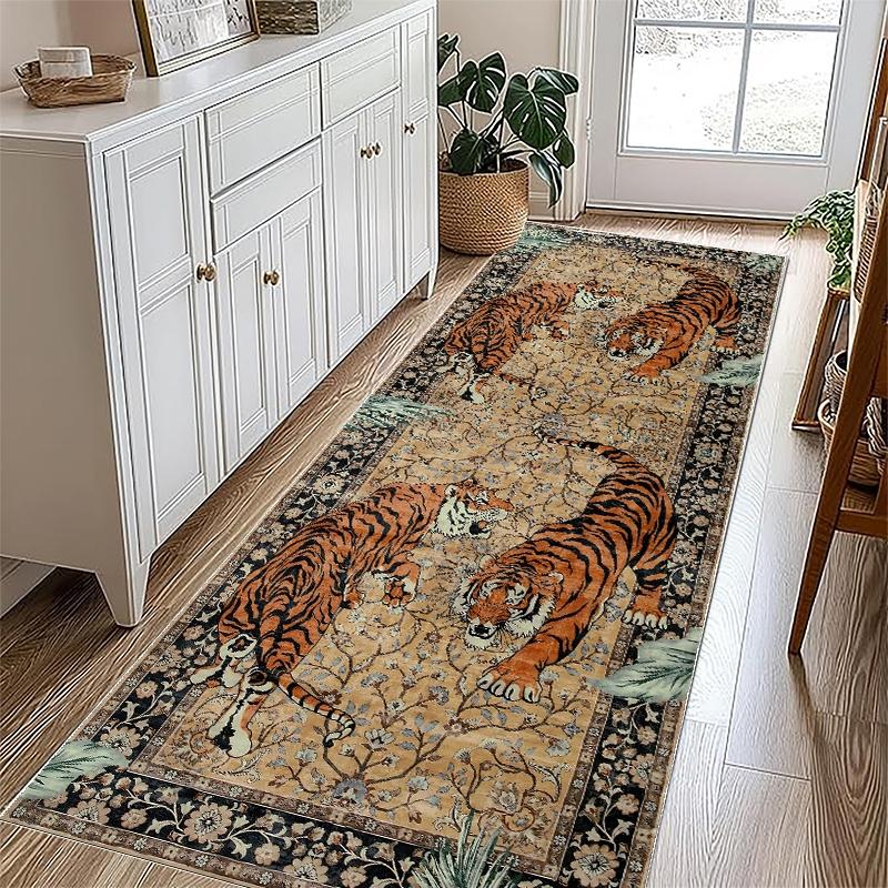 Vintage Tiger Pattern Floor Mat, Non-slip Washable Floor Carpet, Decorative Area Rug, Animal Print Rug, Boho Area Rug for Home Living Room Bedroom Kitchen Farmhouse