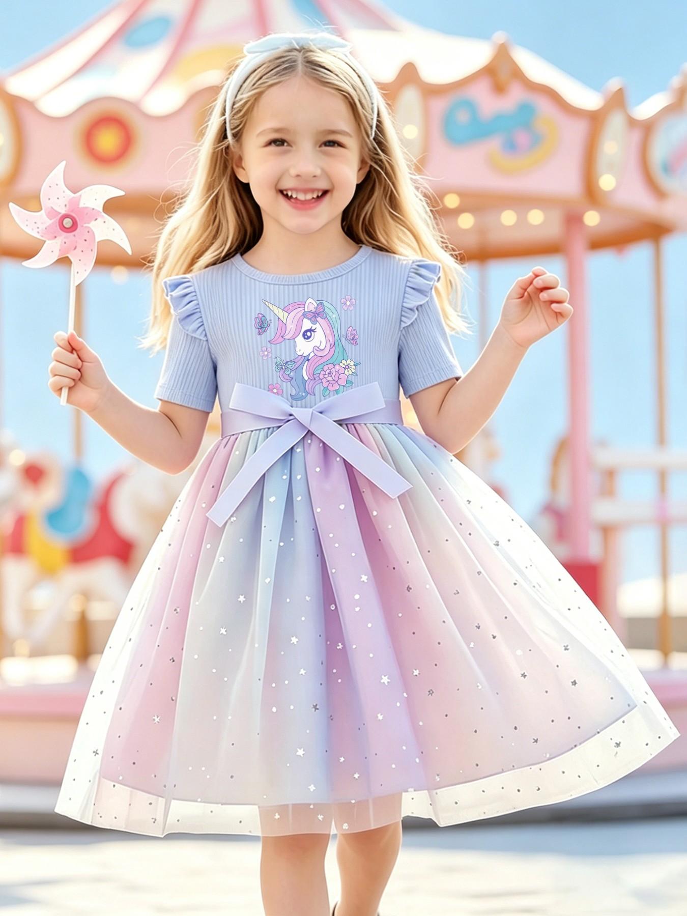 Beautiful Unicorn Print Dress for Girls, Blue Short Sleeve Princess Dress with Silver Color Stars, Casual Fitted Dress for All Seasons