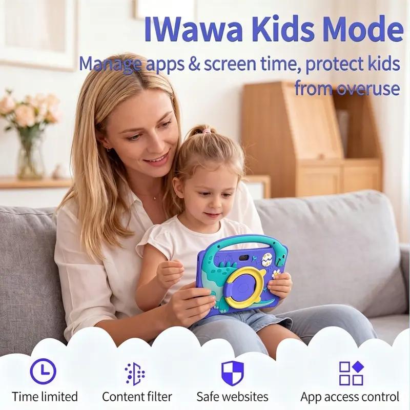New 7-inch kids' tablet Learning Tablet with Android 13, 1GB RAM and 16GB ROM, WiFi support, comes with a shockproof silicone case and cute dinosaur design. Parents can control the educational apps. Dual cameras, perfect Children's Day gift for kids.