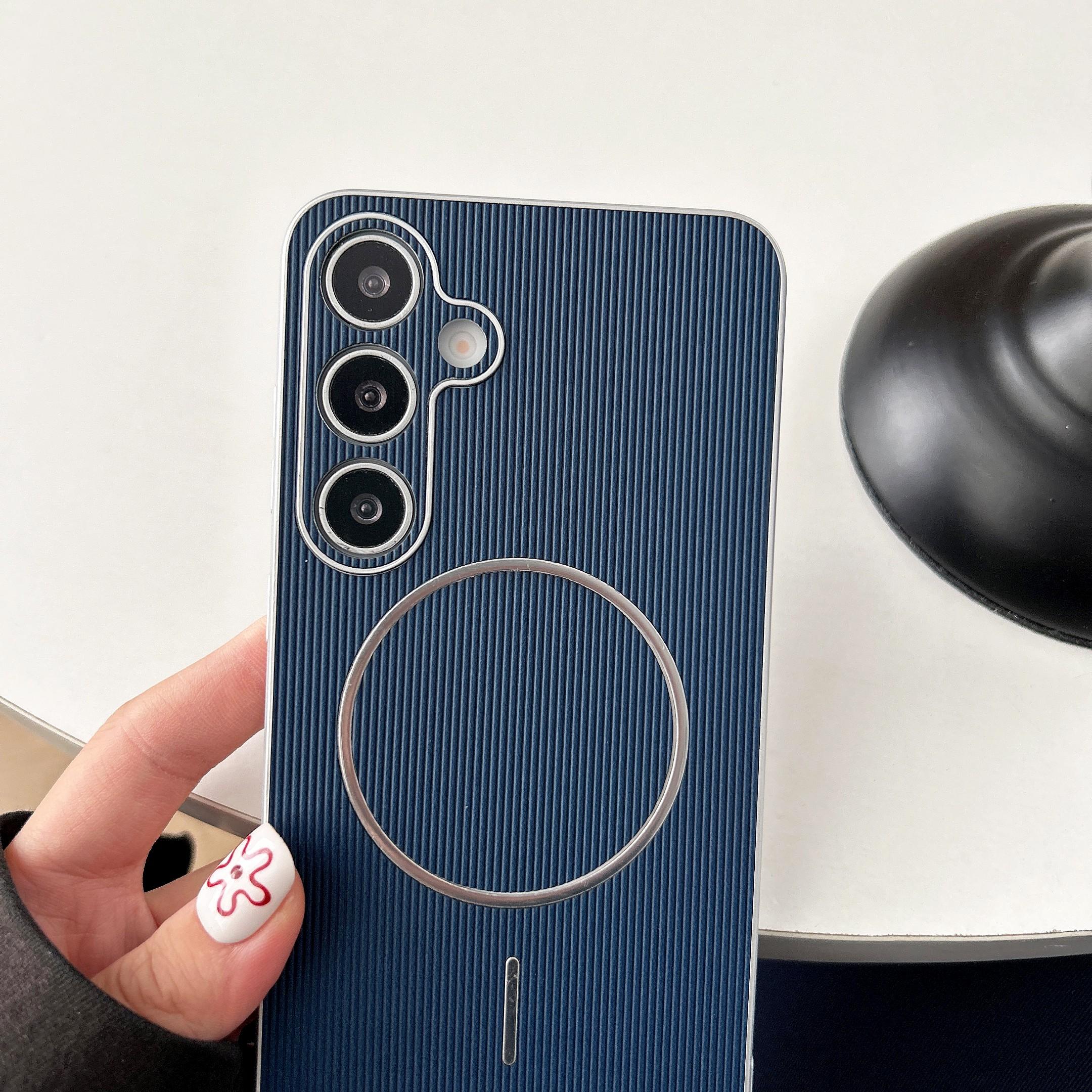 Electroplated Silver Vertical Stripe Magnetic Phone Case, Shockproof Samsung Galaxy S26/s25/s24 Series, Unisex Gift Idea