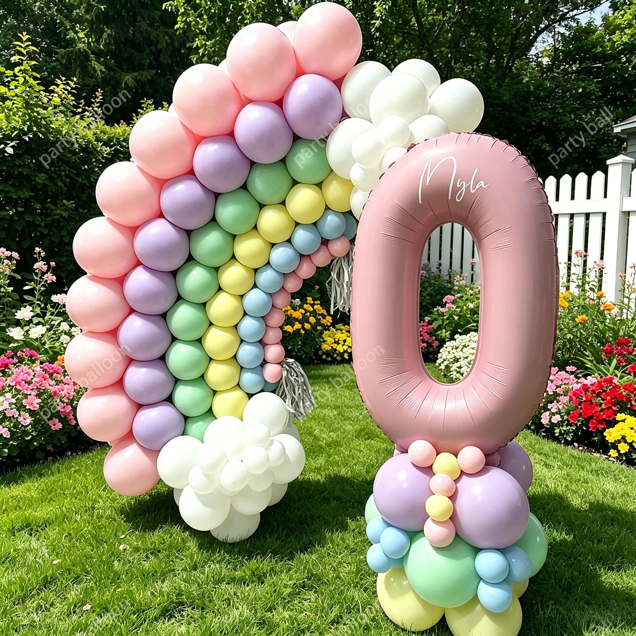 113 Piece Macaron Rainbow Number Balloons Set, Balloon Decorations Kit, 32 Inch Numbers 0-9, Party Decor for Birthday, Wedding, Kids' Festival