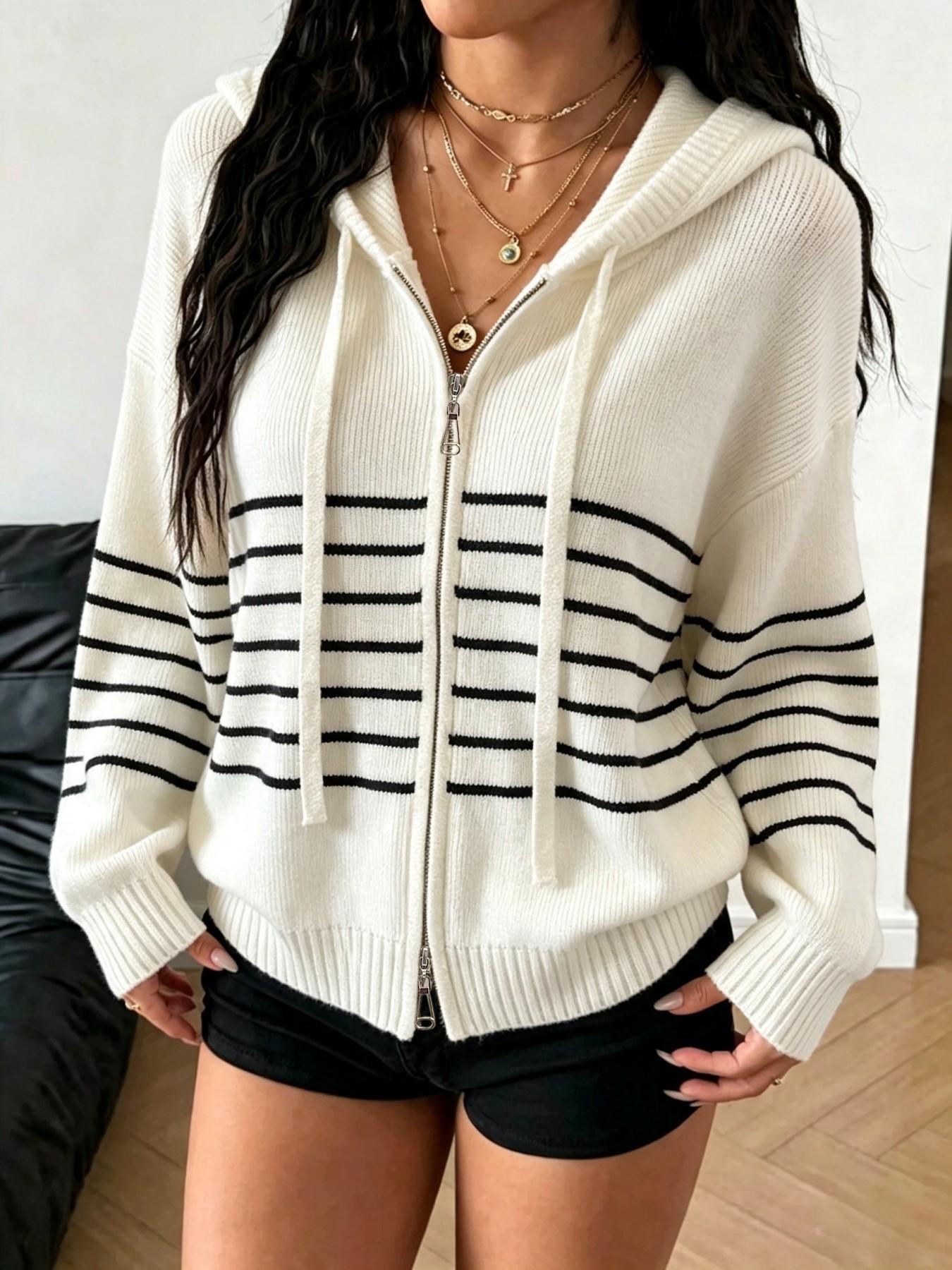 Autumn Winter Color-Block Striped Preppy Style Hooded Casual Loose Sweater Cardigan, Reversible Zipper Design, Women's Fashion Outerwear