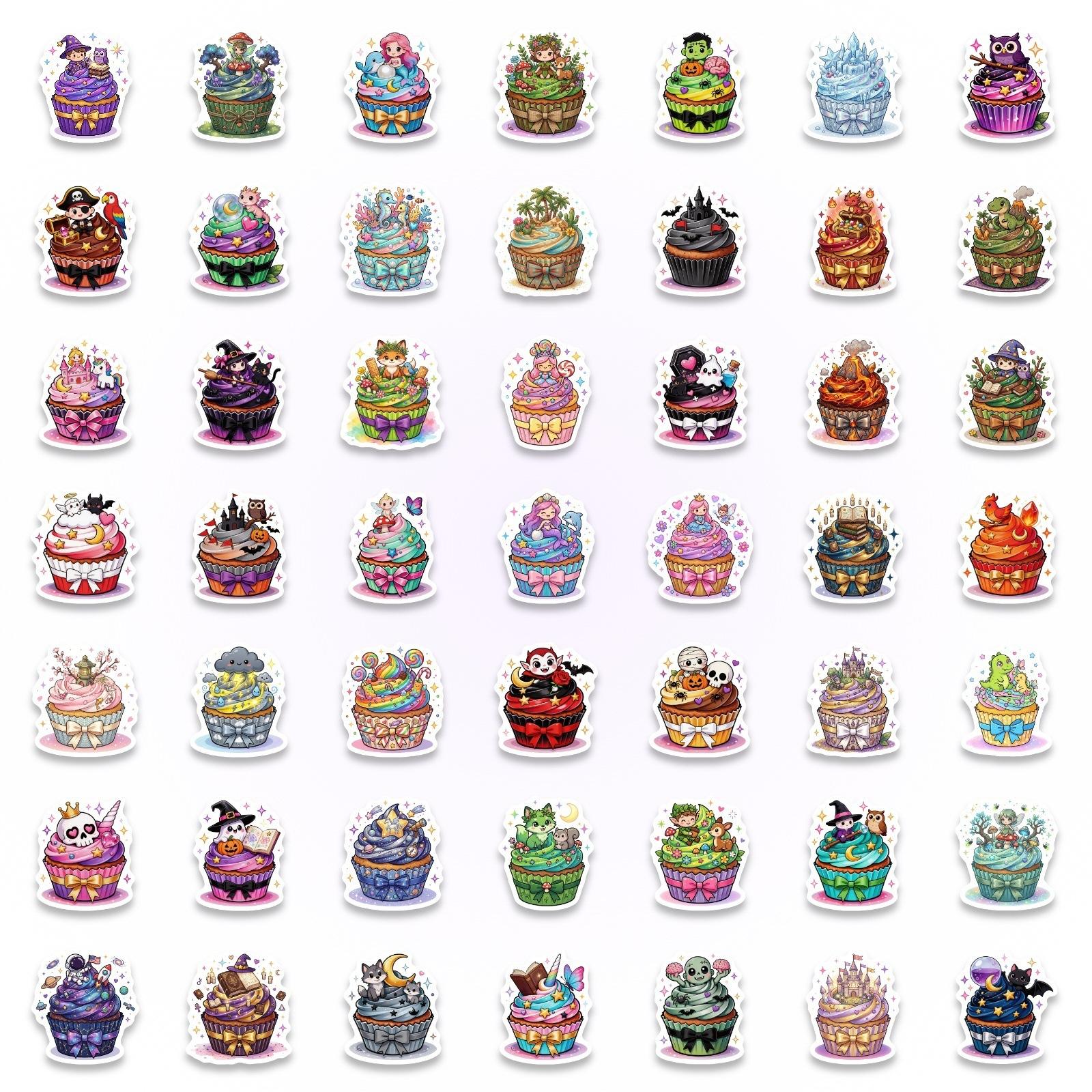 50 sheets creative cartoon magic cake stickers, cute and personalized cardboard cupcakes, waterproof decorative stickers