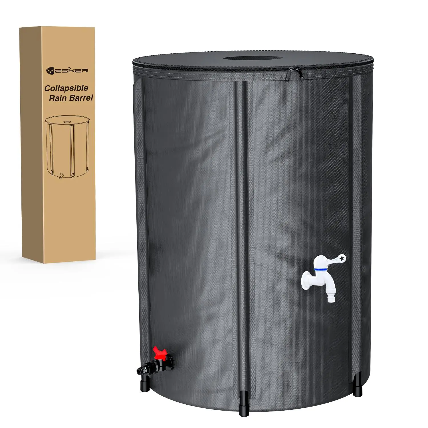 Yesker Collapsible Rain Barrel, 100 Gallon Portable Rainwater Collection System, 550D PVC Water Storage Tank, Rain Catcher with Spigots Filter Overflow Kit, Grey | 550D PVC, Rain Water Collection Barrel with Overflow Valve & Spigot Kit, Grey