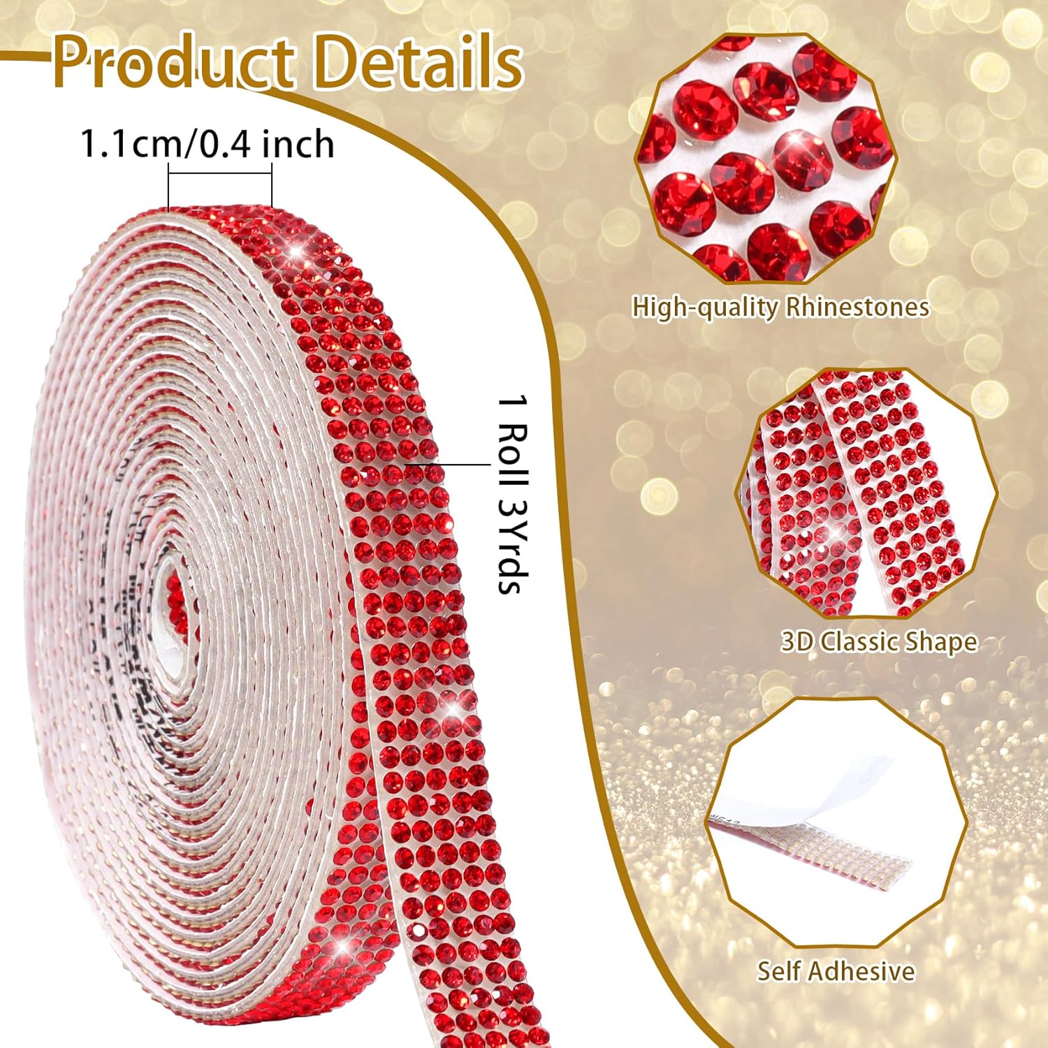 Rhinestone Ribbon, Self Adhesive Rhinestone Bedazzling Strips 0.4inch Glitter   Tape Sparkling Rhinestones Trim for Belt Shoes Clothing Crafts  Phone (3Yards,Red)