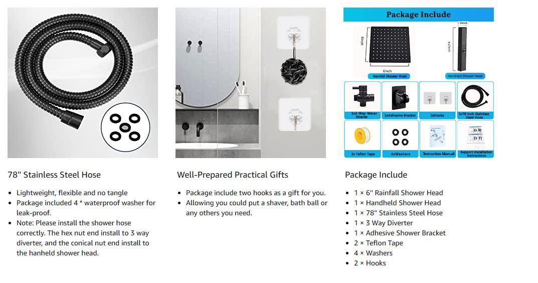 6/8"High Pressure Square RainShower Head and 2-in-1 HandShower.Equipped with 78"Hose, 3Way Diverter Valve,Adhesive ShowerHead Holder hard water Bathroom Installation Modern Easy Convenience