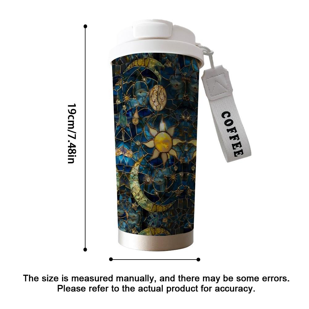 Abstract Moon Sun Coffee Cup, Portable Insulated Tumbler, Heat/cool Keeper, Boho Style, Ideal for Office, Travel, Sports, Golf