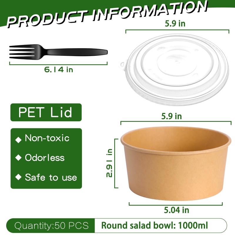 50Pack Disposable Kraft Paper Bowls with Lids and Forks,35oz Square/36oz Round,Meal Prep Containers Disposable Large Paper Bowls, Leakproof Food Containers Treat Soup Serving Bowl, Microwave Safe for Hot/Cold Food Clamshell Takeout Tray Compostable Arc Cu