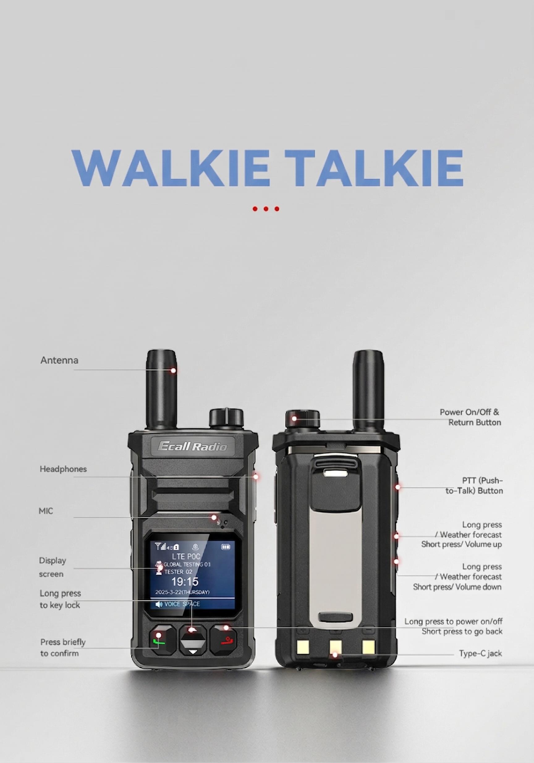 EcallRadio T6 4G LTE PoC Walkie Talkie - Unlimited Range Real-time Communication Device with 2000mAh Long Battery Life. Global Two Way Radio for Security, Fleet, Construction & Outdoor Camping Hiking. Best Handheld Intercom with Type-C Charging