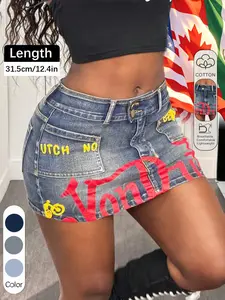 Women's Denim Short Skirt, Vintage Graffiti Print, Y2K Style, High-Waisted, Slim, Stretchy, Casual Wear, Perfect for Daily Outing & Parties