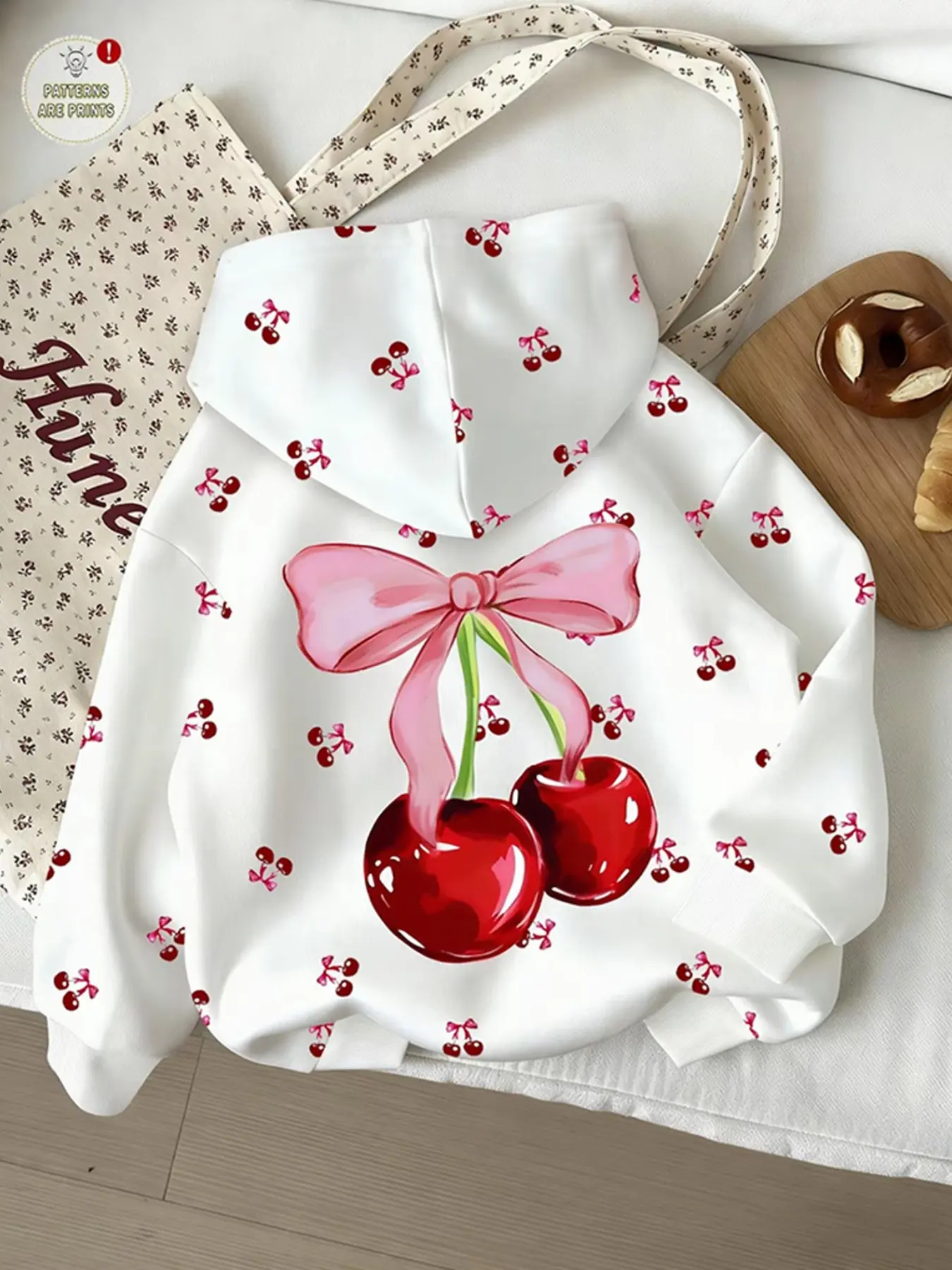 Cherry Bow Print Hoodie, Body with Cherry & Bow, Casual Loose-Fit Top, Full Zipper, Kangaroo Pocket, Cute and Trendy