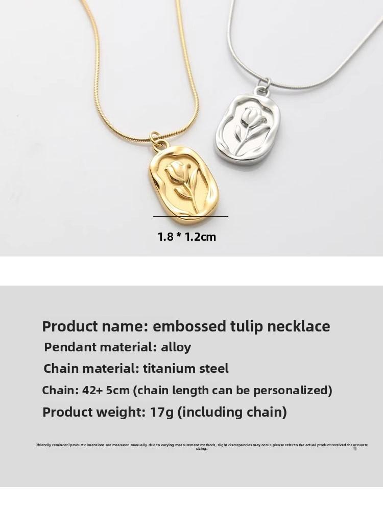 Titanium steel necklace minimalist square tag rose flower clavicle chain high-end women's pendant jewelry