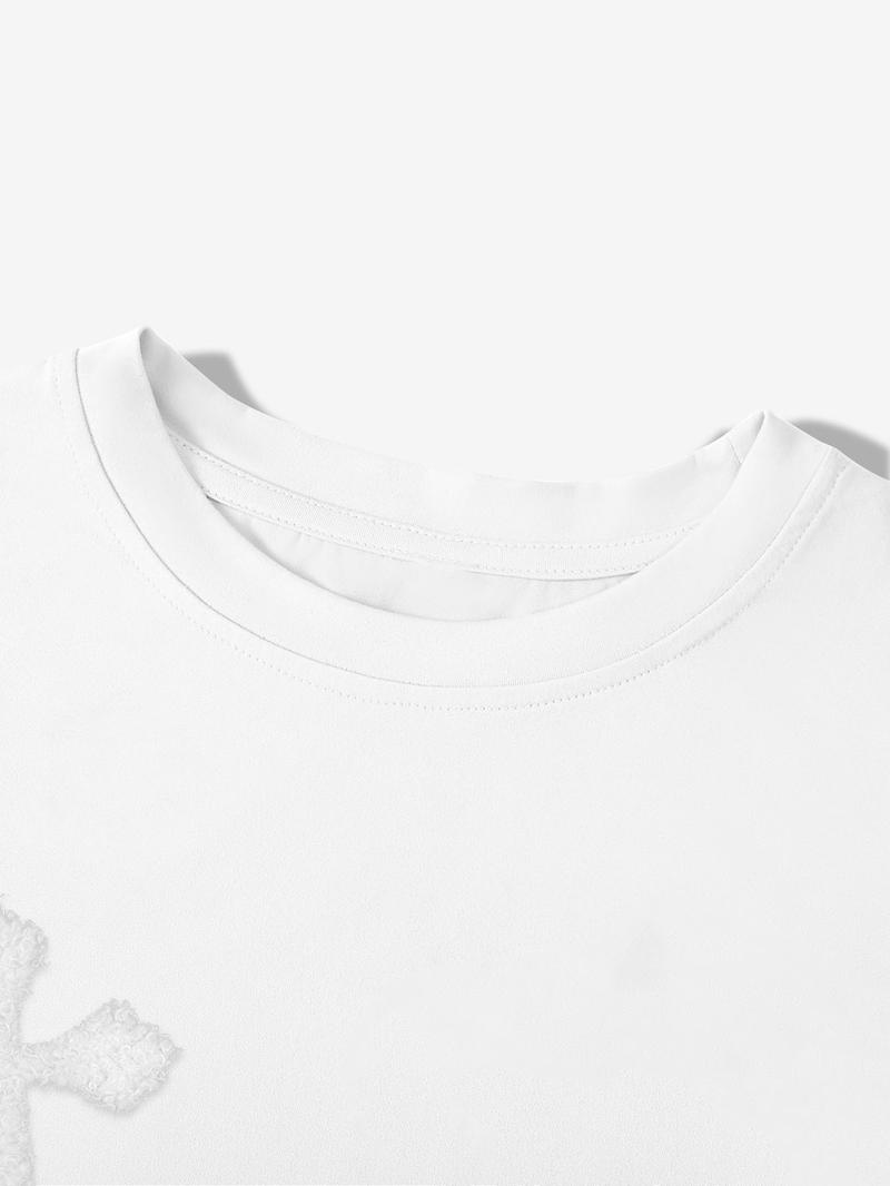 Men's Cross Stitch Embroidered Solid Color Round Neck T-Shirt, Casual Fitted Long Sleeve Top for All Seasons, Sporty College Style Men's Cross Stitch Embroidered Solid Color Round Neck T-Shirt, Casual Fitted Long Sleeve Top for All Seasons, Sporty College Style