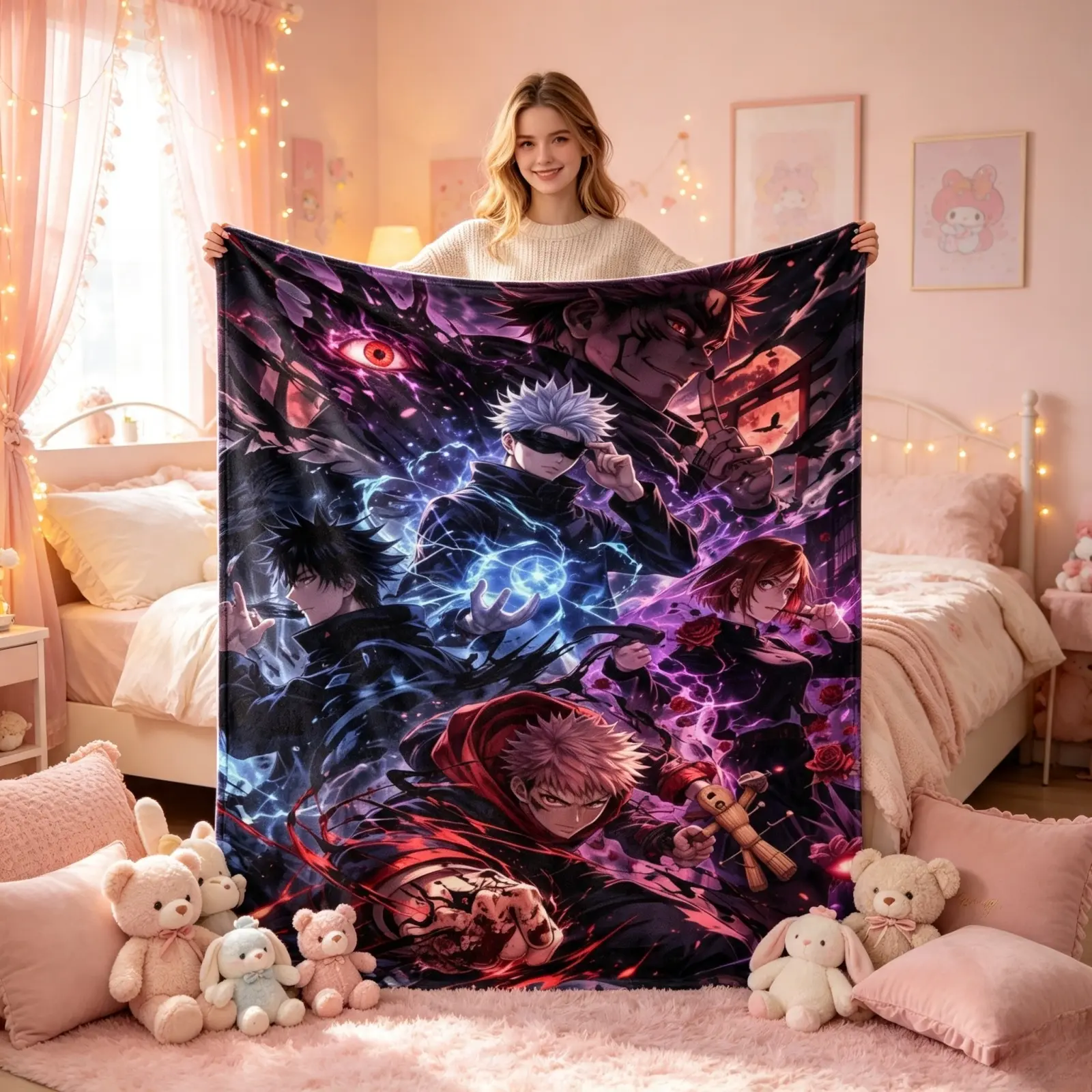 Jujutsu Kaisen Anime Flannel Throw Blanket, Gojo Sukuna Yuji Megumi Nobara Dark Fantasy Manga Print Blanket, Soft Warm Anime Fan Decor Blanket for Bedroom Dorm, Trendy Birthday Christmas Holiday Gift For Anime Lovers TikTok Viral Amazon Must Have