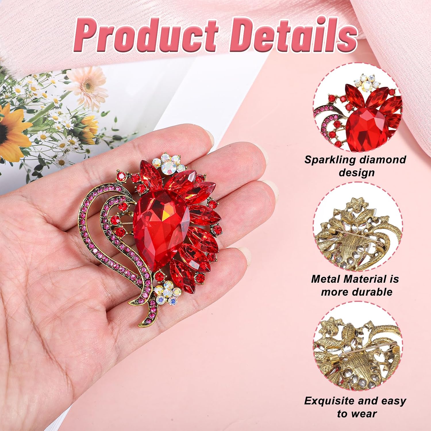 Red Brooches for Women, Elegant Red Rhinestone Brooch Sparkling Heart Brooch for Wedding Party Ceremony Valentine's Day