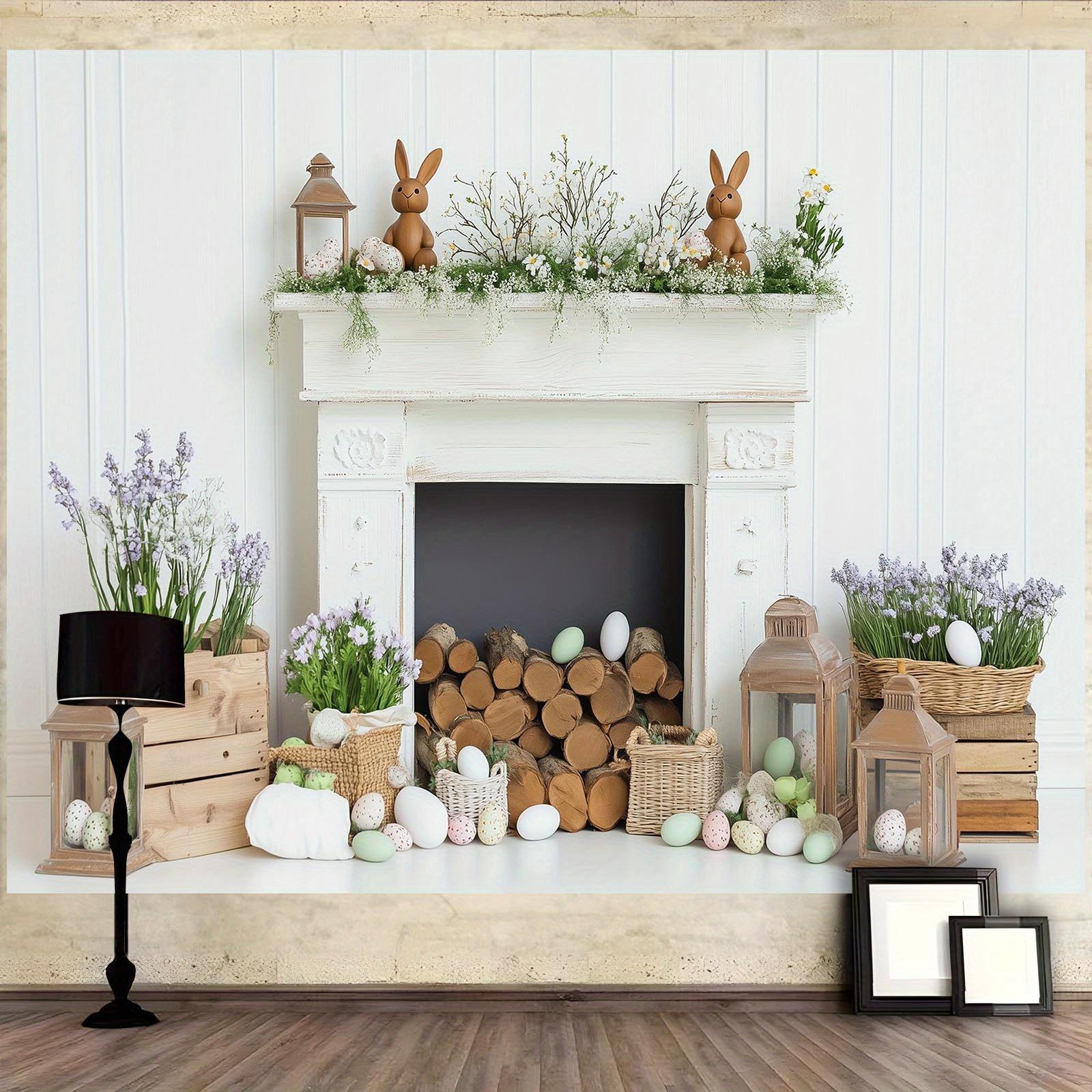 1pc White Fireplace Easter Bunny & Eggs Backdrop Banner - Rustic Spring Decor with Greenery, Wooden Logs & Lanterns for Home, Garden, Parties & Themed Events, Easy Hanging Indoor/Outdoor Use, Festive Backdrop | Springtime Ambiance | Pastel Colored