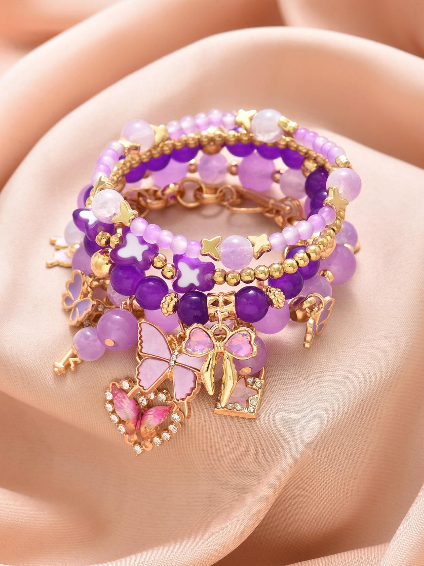 5Pcs Purple Butterfly Beaded Charm Bracelet Stack Set, Multi-Piece Stretchable Layered Bracelets with Gold Tone, Y2K Boho Style, Perfect for Daily Wear, Festival, Beach, Casual & Formal Occasions