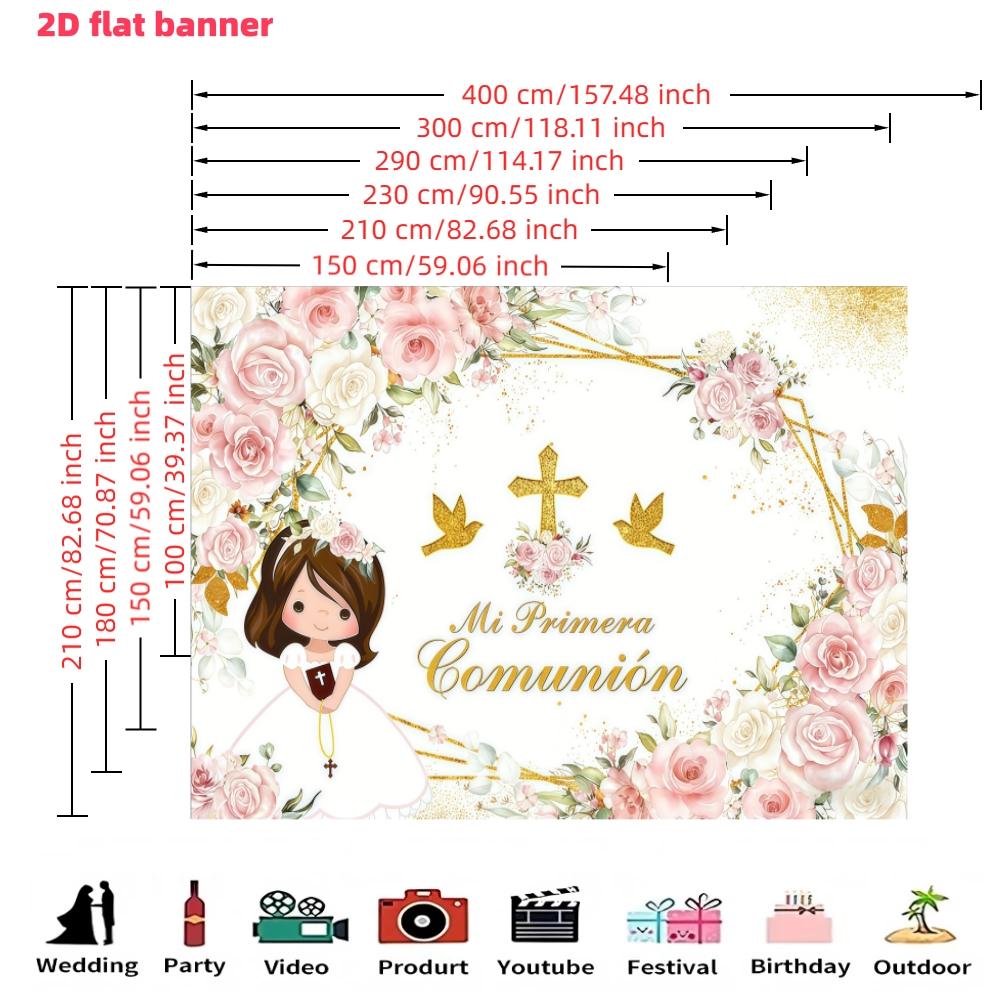 Spanish First Communion Background Banner, Bohemian Baptism Party Decor, Flowers, Polyester, Indoor Outdoor Birthday Party Decoration