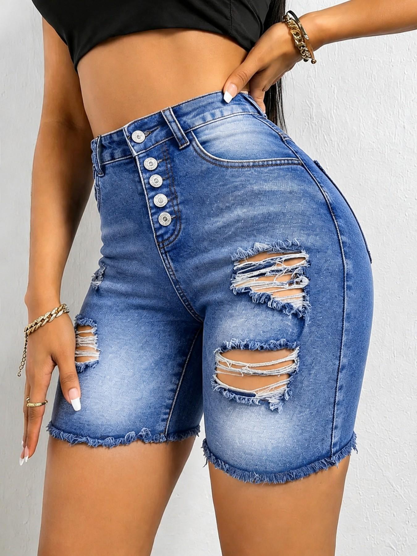 Summer Fashion Women's Chic Button Front Ripped Blue Denim Jeans Shorts, High Elastic Comfort, Fitted Not Tight, Durable Street Style Mid-Waist Five-Pocket Pants