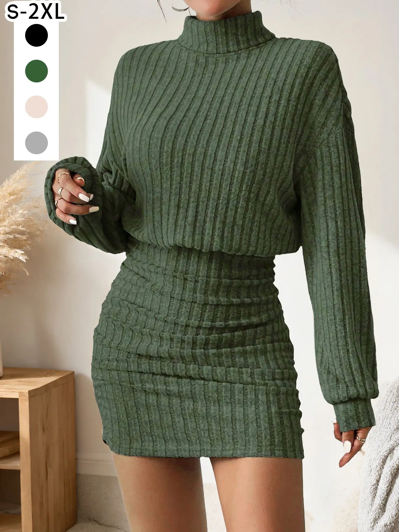 Women's Pullover Sweater Dress, Long Sleeve Turtle Neck Knit Dress, Cute Ribbed Textured Short Skirt, Fall Winter Home Wear