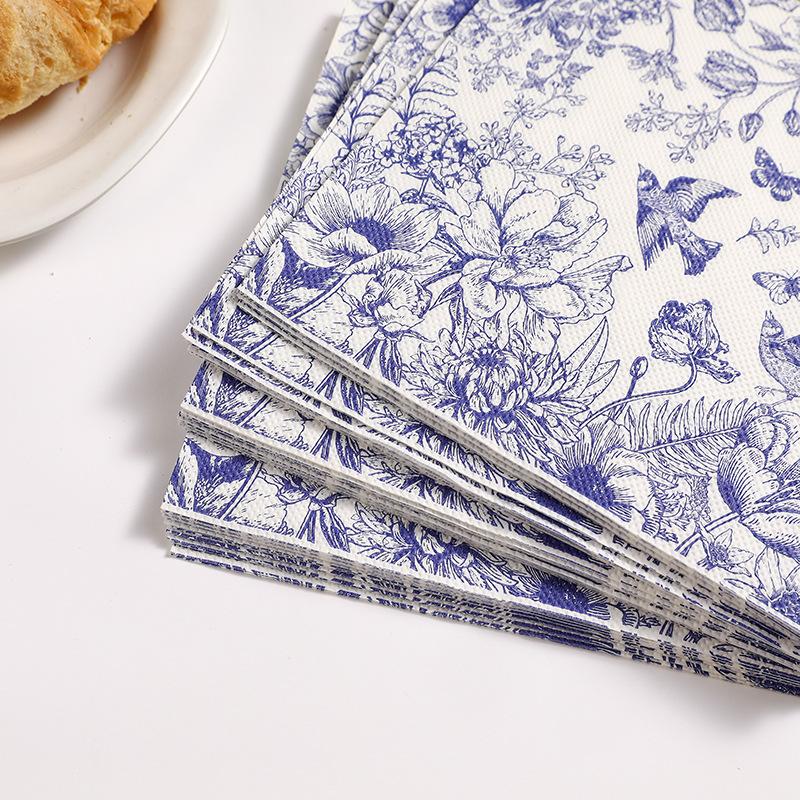 Blue Floral Bird Pattern Napkins, 2 Packs (20 Sheets/pack), Traditional Style Disposable Napkins for Wedding Party Decorations