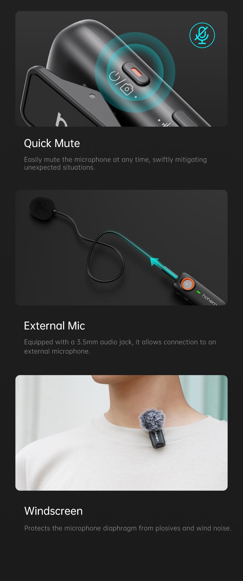 hohem MIC-01 Wireless Lavalier Microphone, DSP Noise Cancellation, 20-Hours Battery, Wireless Mircophone for Android, PC, Camera, Interview, Vlogs (2 TX + 1 RX + Charging Case),Perfect with hohem iSteady M6/ MT2/ Mobile+/Android/ Iphone 17 series