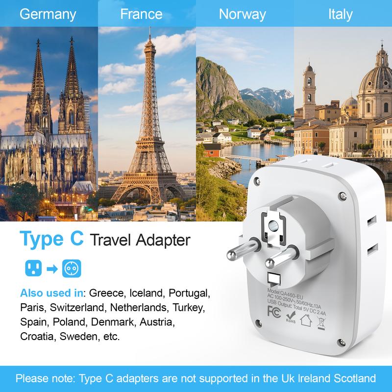 2 Pack European Plug Adaptor -International Travel Charger with 2 USB C, 4 American Outlets and 1 USB A Ports for France Germany Spain Turkey Greece Poland Iceland Russia 2 Pack European Plug Adaptor -International Travel Charger with 2 USB C, 4 American Outlets and 1 USB A Ports for France Germany Spain Turkey Greece Poland Iceland Russia