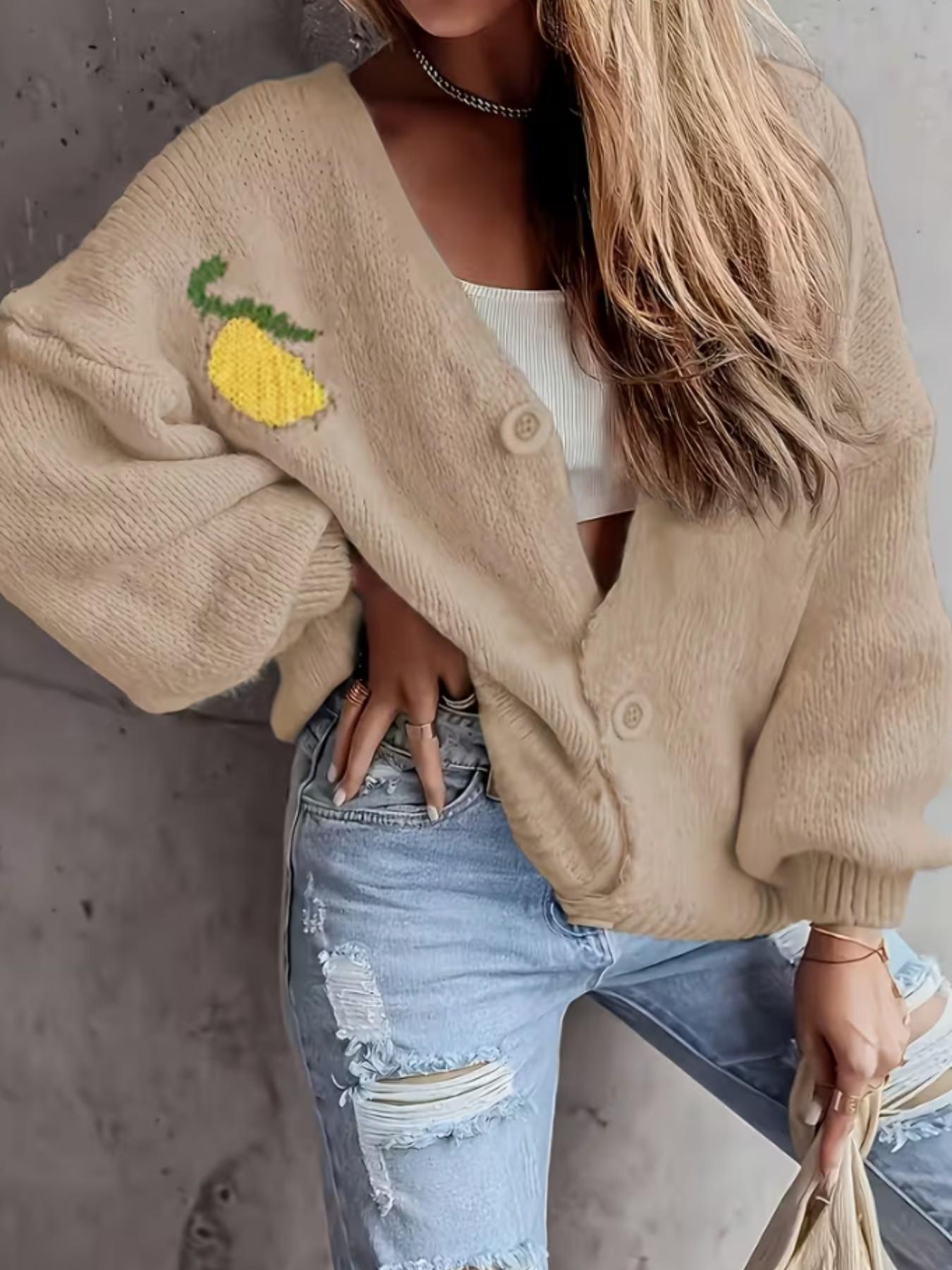Women's Cute Lemon Pattern Loose Fit Knit Cardigan, Graphic Sweater Top, Long-Sleeve V-Neck Front Button Sweater, Vintage Y2K Sweet Casual Tops, Knitwear