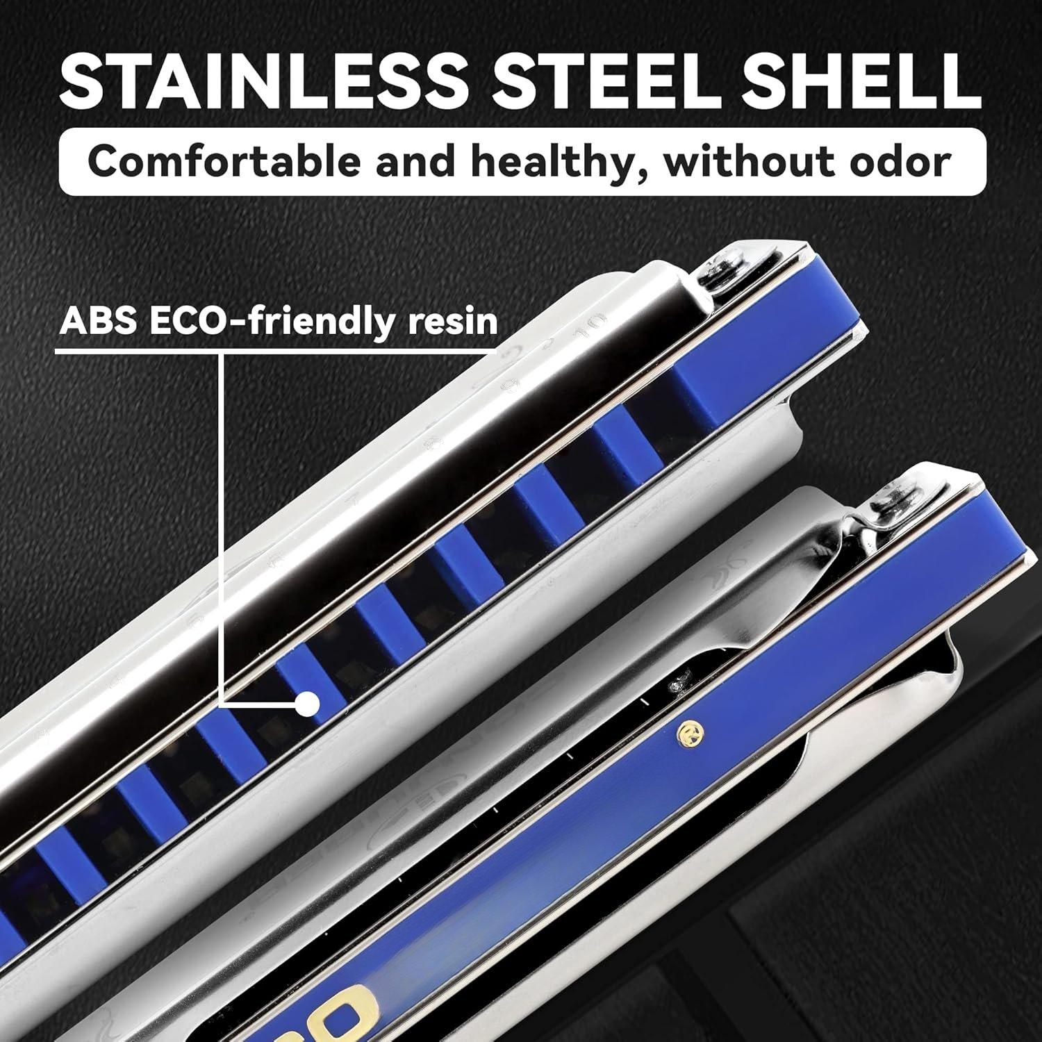 Blues Harmonica for Adult Beginners 10 Hole Diatonic Harmonica in A Key Phosphor Bronze Sound Spring Mouth Organ with Case, Key of A Stainless Steel
