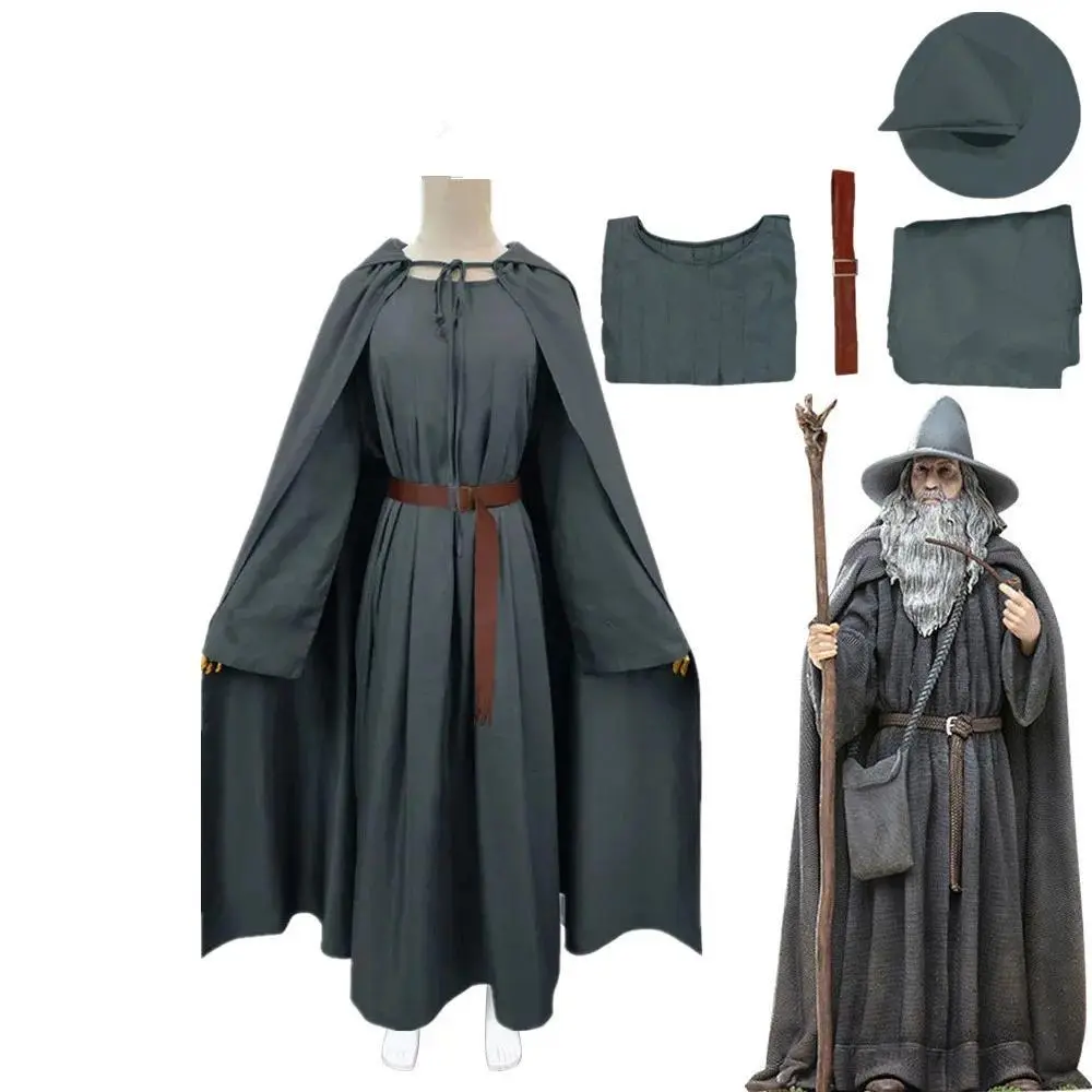 Anime G-Gandalf Wizard Cosplay Costume Long Gray Cloak Jumpsuit with Hat Belt Halloween Fancy Dress for Man