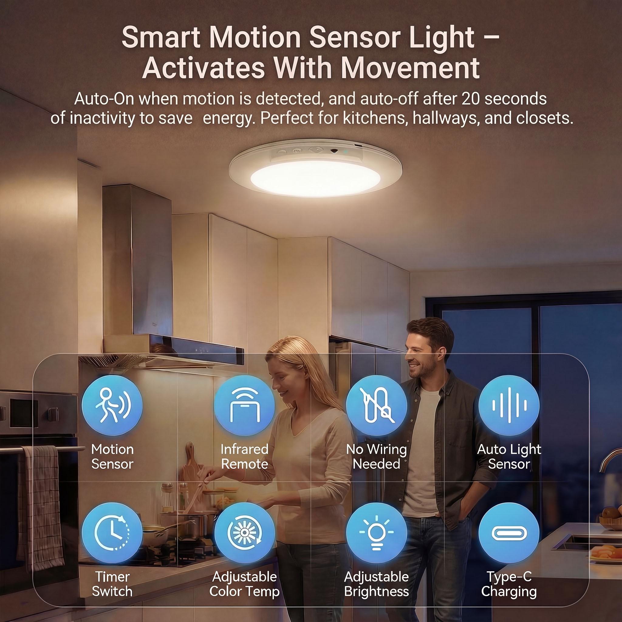 2-Piece Rechargeable Ceiling Lights, LED Three-Tone Dimmable, Wireless Installation, Remote Control, Ideal for Hallway, Closet, Office