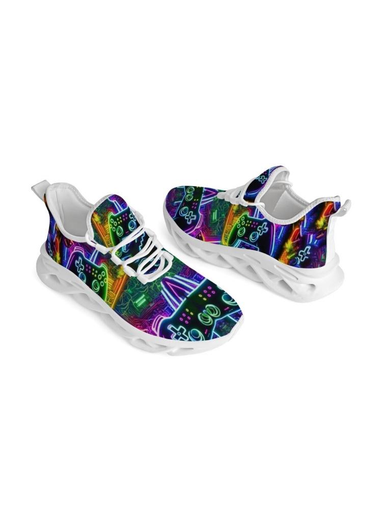 1 Pair Neon Game Controller Cyberpunk Print Blade Thick Sole Dad Shoes E-Sports Trend Shock Absorbing Breathable Casual Sneakers For Men Women
