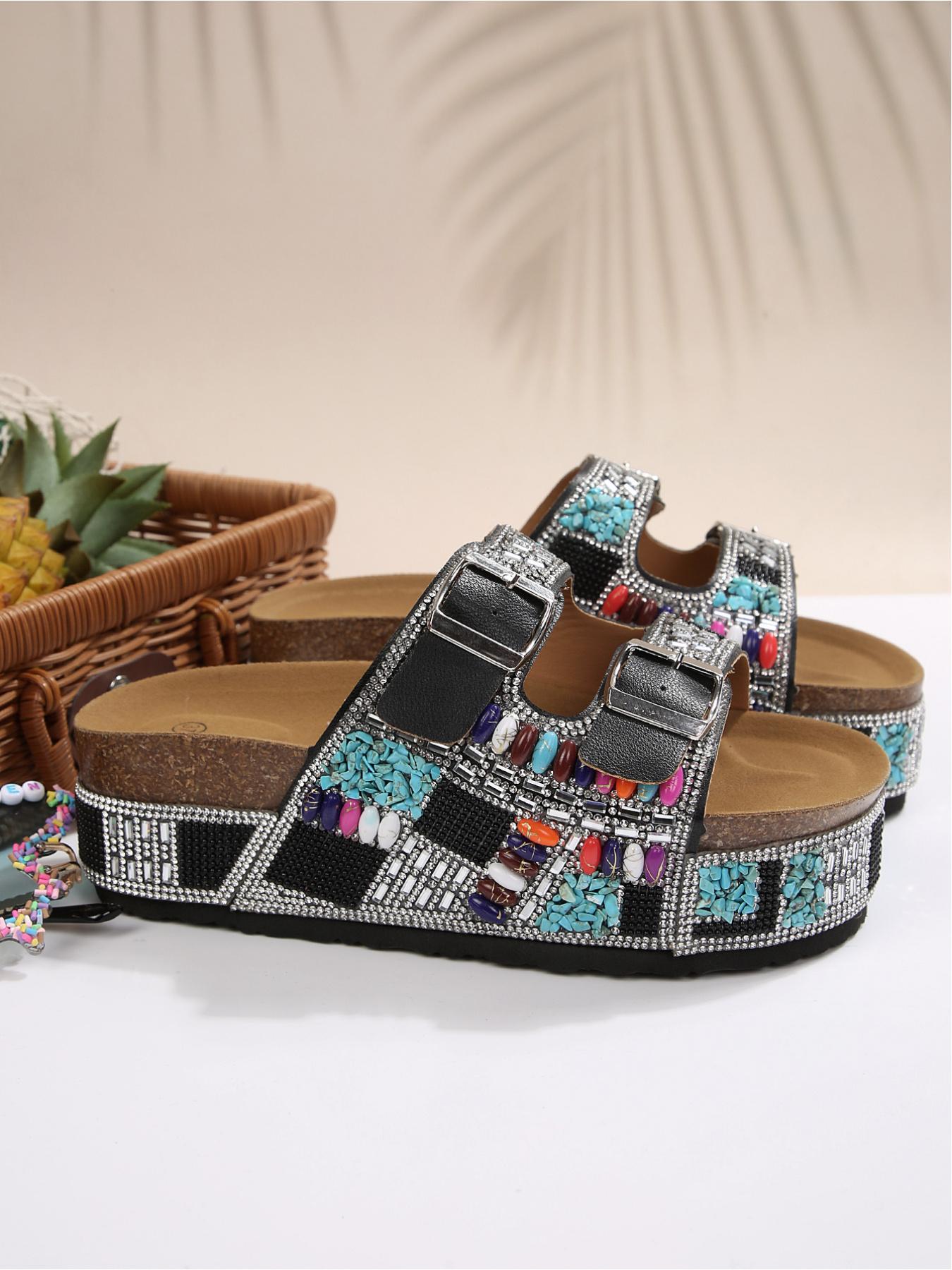 Bohemian Ethnic Style Strappy Metal Buckle Height-Increasing Holiday Beach Shoes, Dopamine Colors Y2K Hot Girl Must-Have Full Rhinestone Thick Sole Slides Women's 2026 New Summer Fashion Thick Sole Sandals
