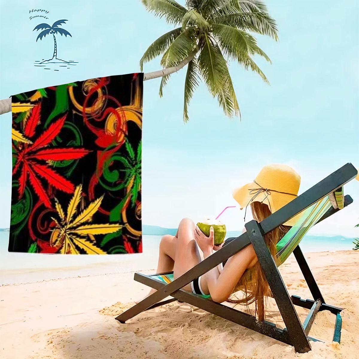Rasta Leaf Pattern Beach Towel, Personalized Trendy Quick-Dry Bath Towel, Stylish and Comfortable Beach Accessory