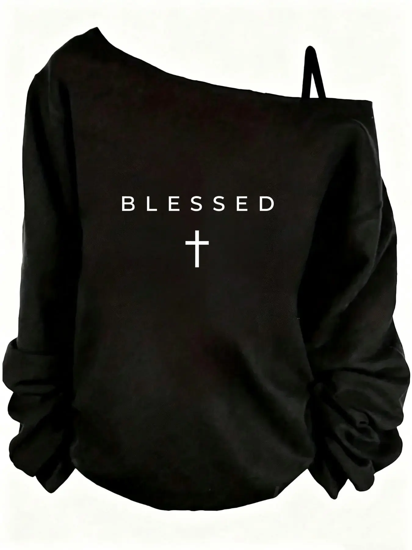 Women Black Blessed Cross Graphic Off Shoulder Oversized Long Sleeve Sweatshirt, Artwork Sweatshirt, Soft Slouchy Shoulder Pullover Top, Faith Religious Letter Print Loose Fit Casual Streetwear Daily Wear, Church Outfit