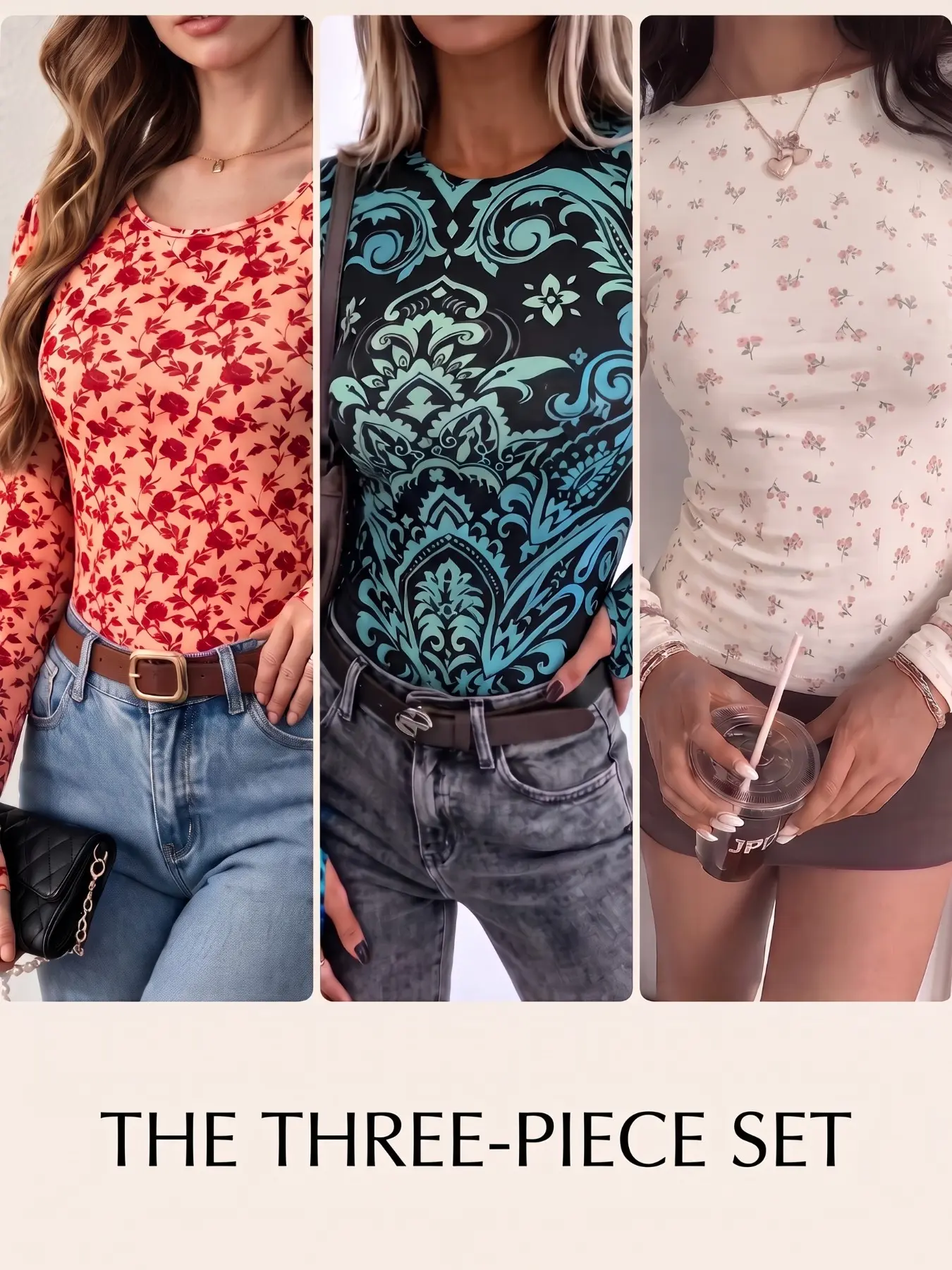 Round Neck Retro Floral Print Long Sleeve Top, 3-Pack Stretch Fitted Slimming Ethnic Style, Soft Skin-Friendly Daily Innerwear T-Shirt