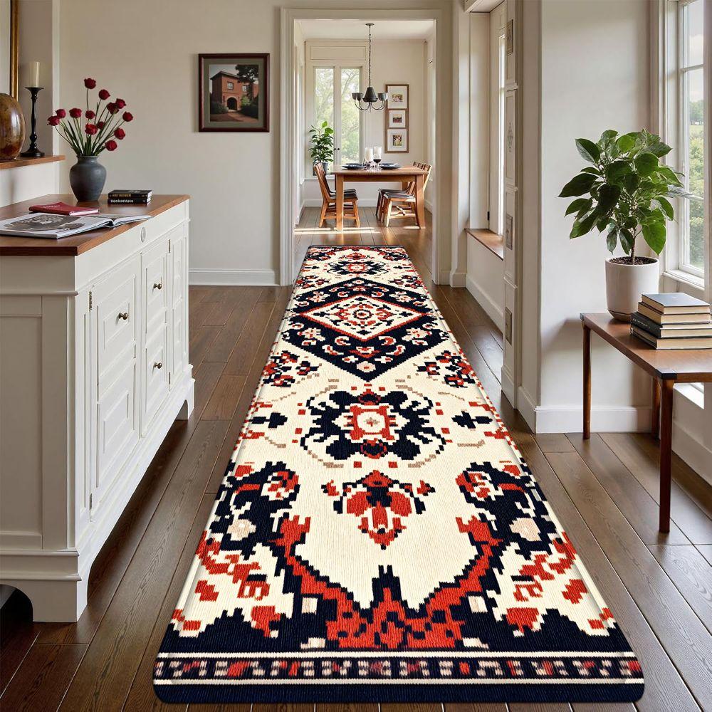 1PC， Red, White and Black Geometric Pattern strip rugs, home décor, bathroom mats, entryway mats, bathroom non-slip mats, indoor entrance rugs, bedroom bedside mats, kitchen mats, hallway rugs, flannel sponge rugs, hallway runner rugs
