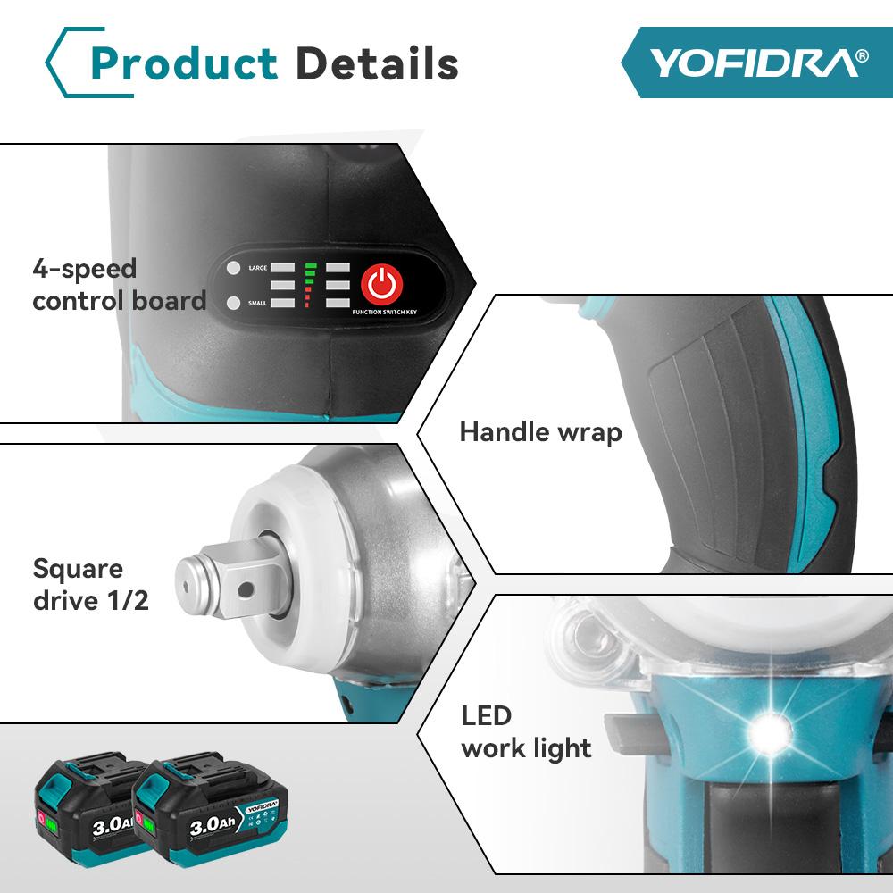 Yofidra Brushless 520N. M Cordless Electric Impact Screwdriver 1/2 Inch Electric Key Screwdriver Repair Tool for Battery 21V 18V Heavy Duty Handle