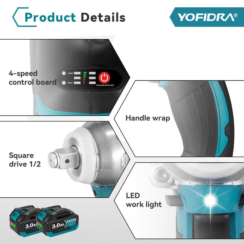 Yofidra Brushless 520N. M Cordless Electric Impact Screwdriver 1/2 Inch Electric Key Screwdriver Repair Tool for Battery 21V 18V Heavy Duty Handle