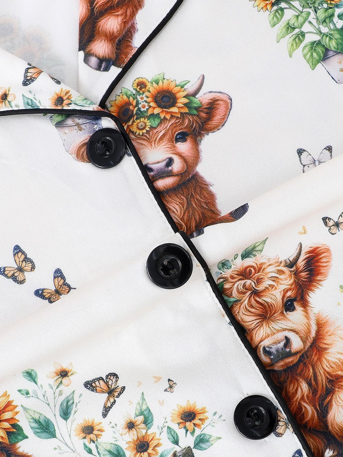 2-Piece Kids' Fire-Resistant Pajama Set, Short Sleeve Button Front, Cartoon Pattern, All Seasons, Casual Loose-Fit, Boys & Girls