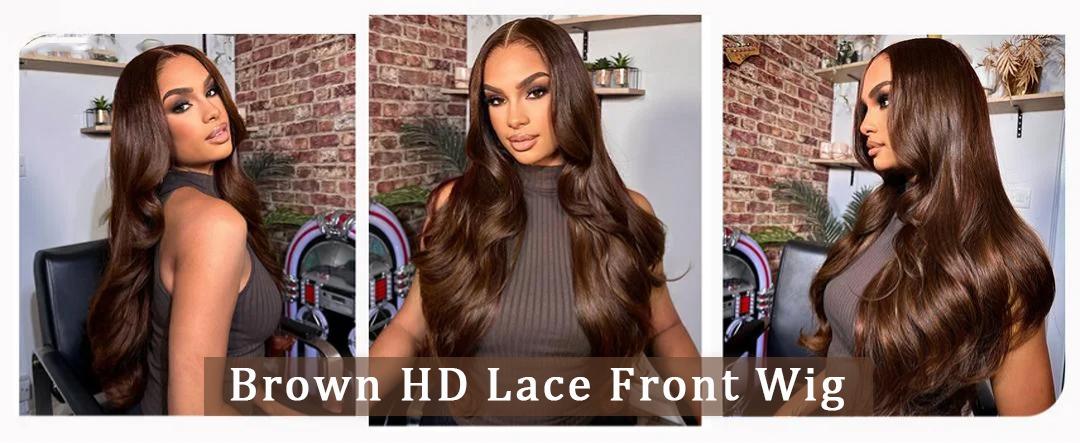 200% Density Chocolate Brown Human Hair Wigs 13x4 Body Wave Lace Front Wig Pre Plucked Chestnut Brown Colored Wigs Blended Hair For Women Light Brown HD Transparent Lace Front Wig