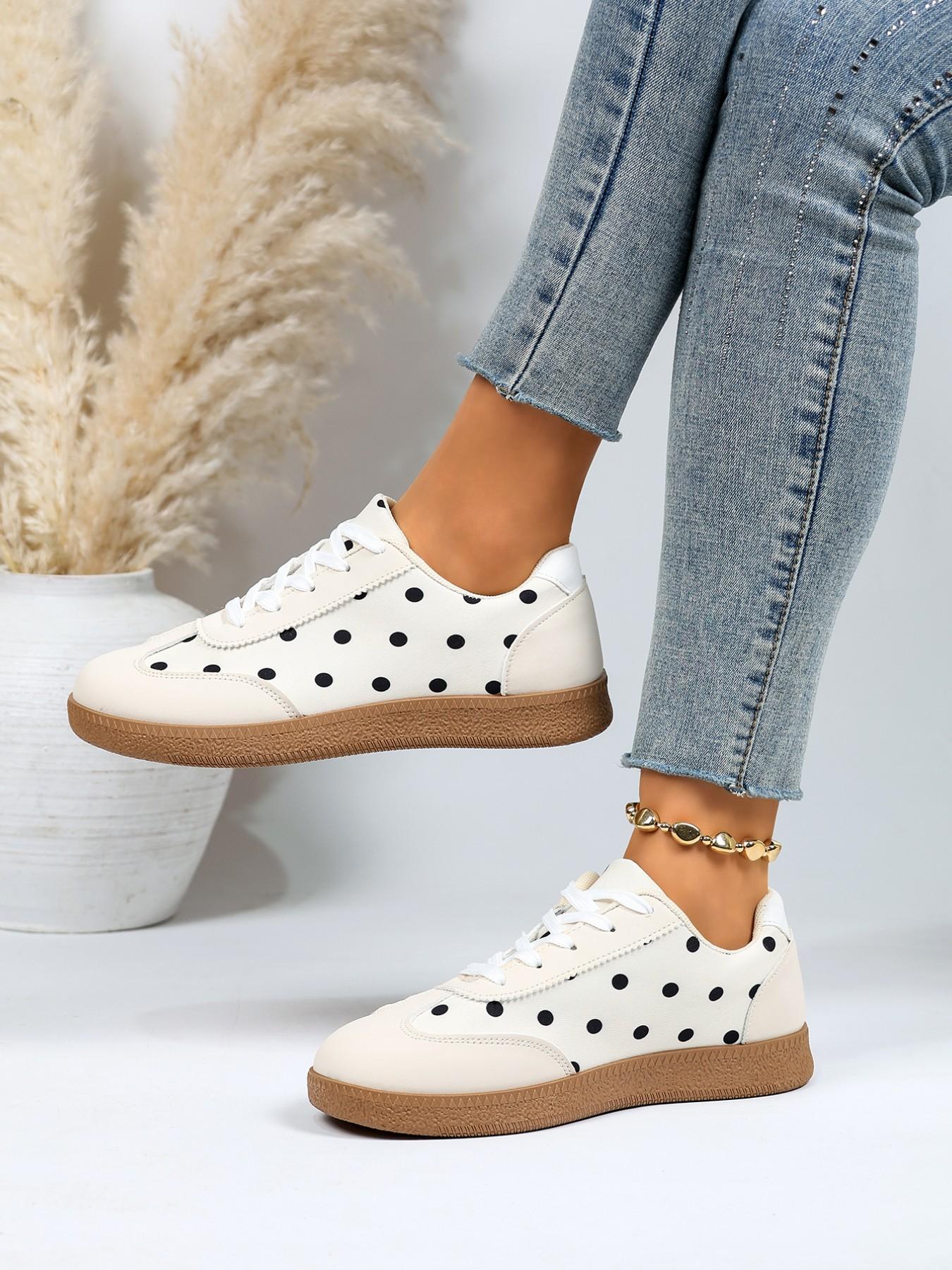 Women's Polka Dot Print Casual Board Shoes, Low Ankle Trainers, Vintage Soft Rubber Sole Lace-Up Athletic Sports Shoes, Everyday Versatile Flat Sneakers, Trending Sneakers, Walking Shoes