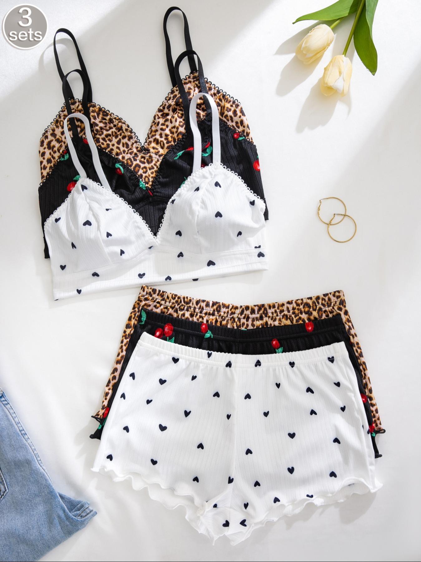 Women's Wireless Bra & Lettuce Trim Shorts Underwear Set, Summer Outfits 2024, Adjustable Strap Bra & Elastic Waist Shorts, Soft Comfy Breathable Underwear Set for Women