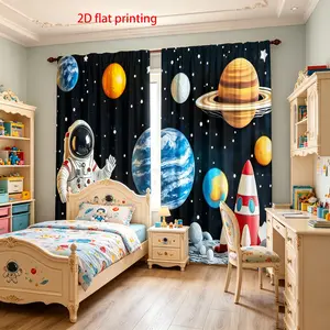 2D digital printed space planet rocket pattern curtains, children's room curtains, semi transparent polyester material, 2-piece set, suitable for living room, bedroom window decoration, home decoration, Interior decoration accessories