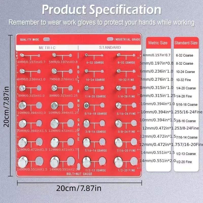 Aluminium -44 Thread Checker, Nut and Bolt Thread Identification Gauge, Suitable for Metric and Imperial Sizes, Includes Standard Ruler