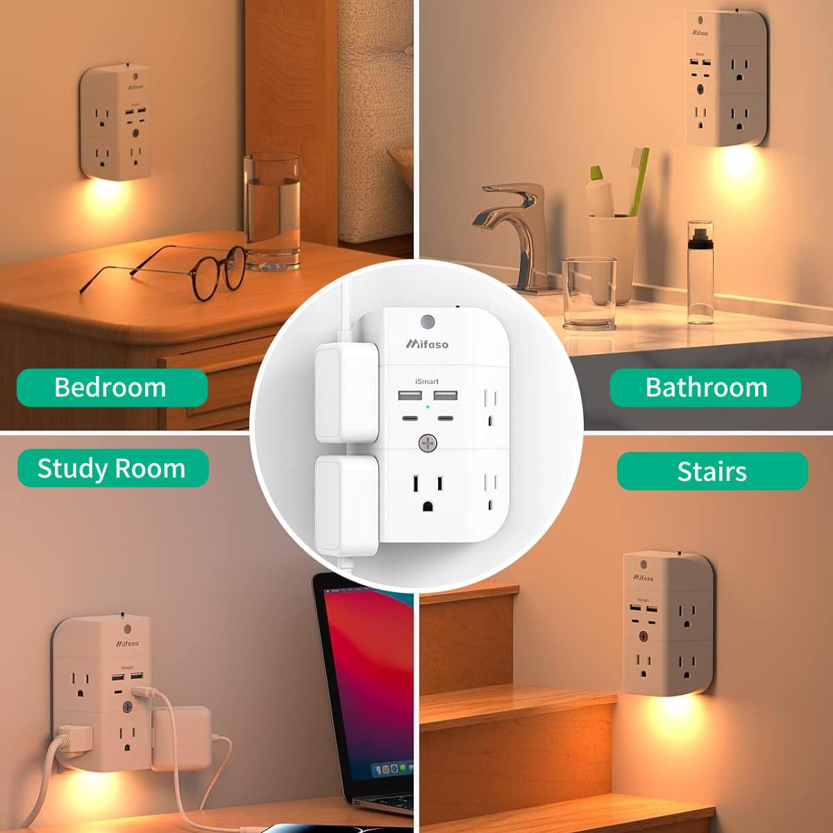 Fathersdaygift MIFASO 9-in-1 Smart Night Light Wall Outlet Extender with 5 AC Outlets, 2 USB-A, 2 USB-C Ports, Surge Protection, Screw-Mountable – Ideal for Home, Office Fathersdaygift MIFASO 9-in-1 Smart Night Light Wall Outlet Extender with 5 AC Outlets, 2 USB-A, 2 USB-C Ports, Surge Protection, Screw-Mountable – Ideal for Home, Office