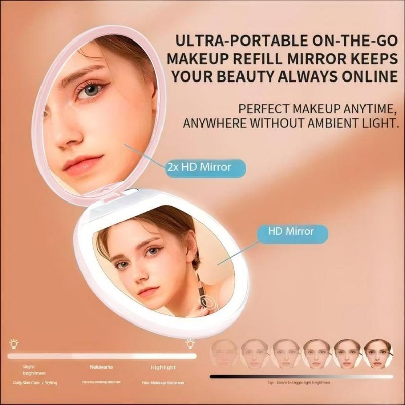 Magnifying Cosmetic Pocket Mirror, 1X/2X Magnification LED Compact Travel Makeup Mirror with Light for Purse, 2-Sided, Portable, Folding, Handheld, Small Lighted Mirror for Gift, Rechargeable Makeup Mirror