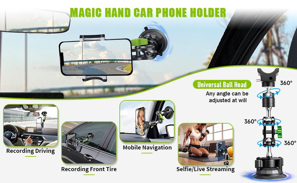 Joytutus 360° Rotating Suction Cup Phone Mount for Car Universal Ball Head Arm Adjustable Holder for Video Recording Vlogging Dashboard Windshield Sunroof with Strong Suction Power and Easy Installation
